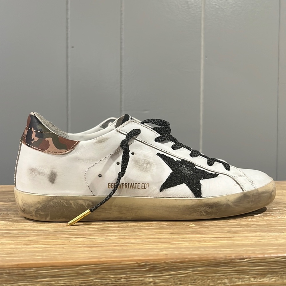 Golden Goose Super-star Leather Upper, Glitter Star, camo heel. Worn maybe 5x